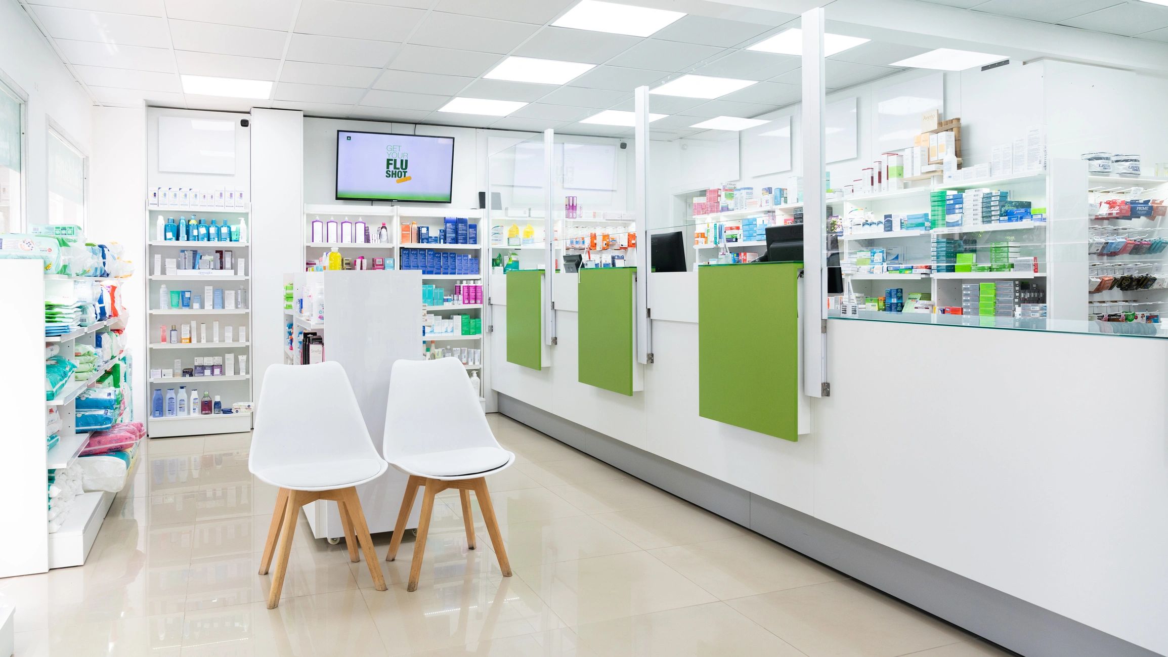 Modern pharmacy interior with organized shelving