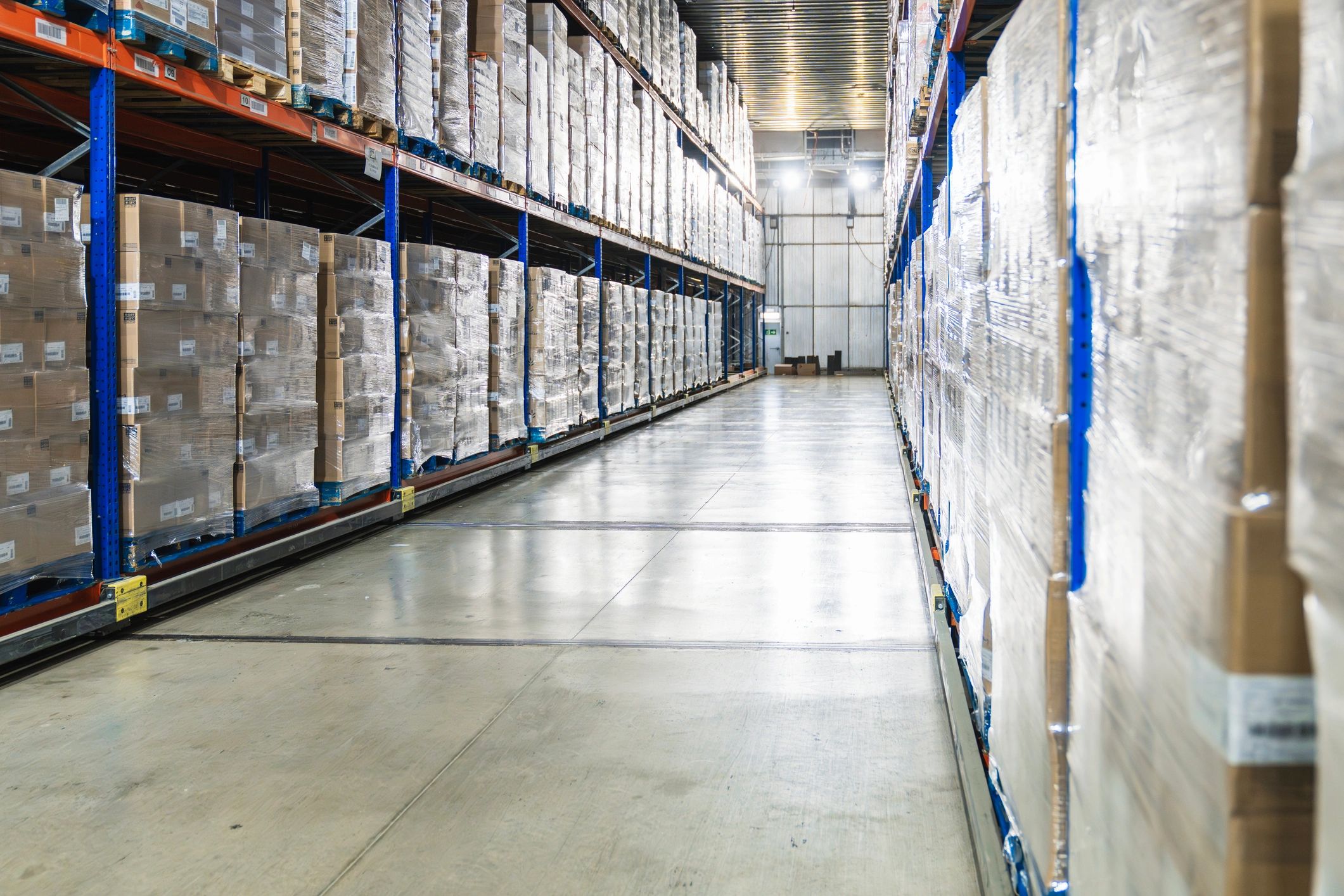 Cold storage logistics warehouse with pallets and boxed inventory